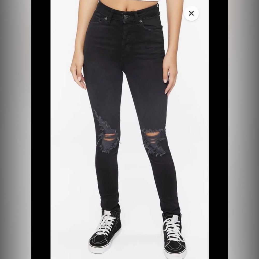 Forever 21 black jeans distressed high rise recycled cotton size 29